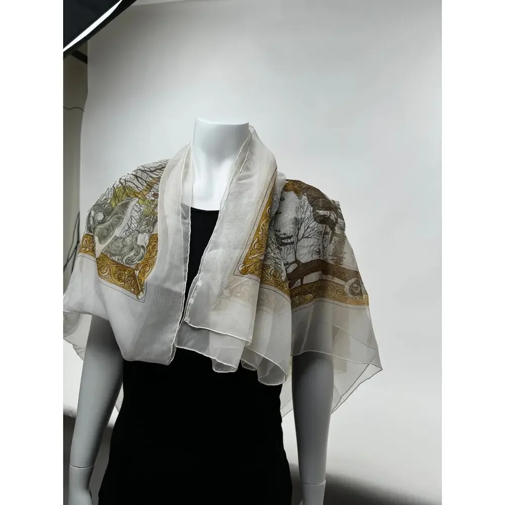 Hermes Extremely Rare 100% Silk Mirrored Image Hunt Scene Sheer Large Cape Shaw